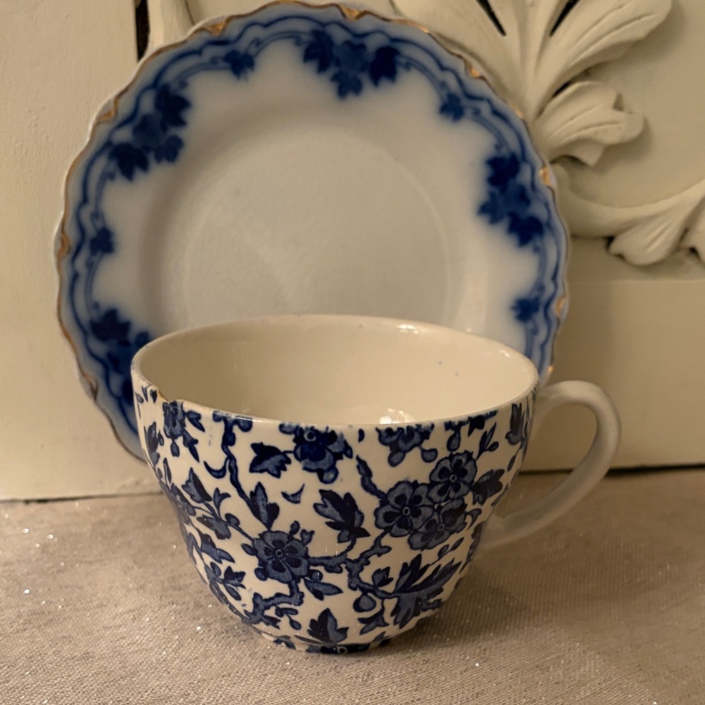 Vintage Blue White Mismatch Teacup /Plate Over sized Shabby Chic Chippy Bundle.